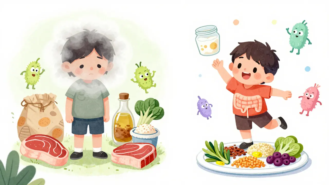 A split scene showing fatigue from junk food versus energy from healthy meals, drawn in a soft children's illustration style.