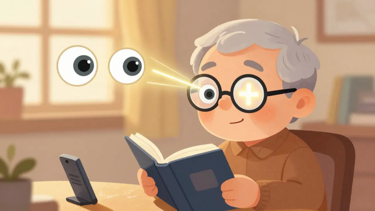 An elderly person reading with a plus lens bending light to correct farsightedness, in a cozy home setting.
