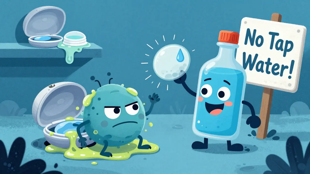 Bacteria monster in a dirty lens case, neutralized by a sparkly hydrogen peroxide bottle.