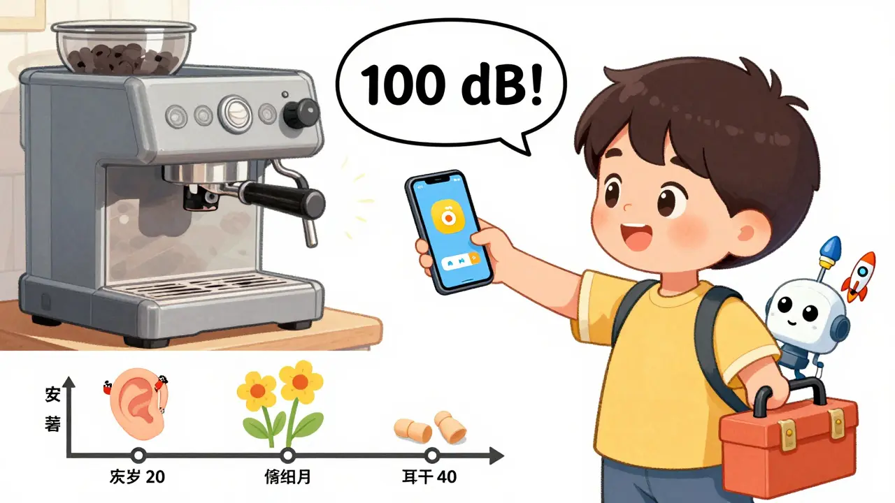 Child measuring noise from an espresso machine with a smartphone app and robot helper.