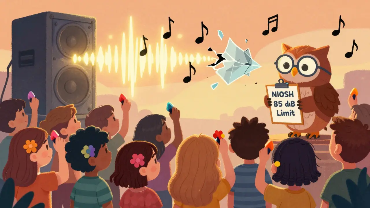 Concertgoers wearing colorful earplugs as sound waves turn to music notes.