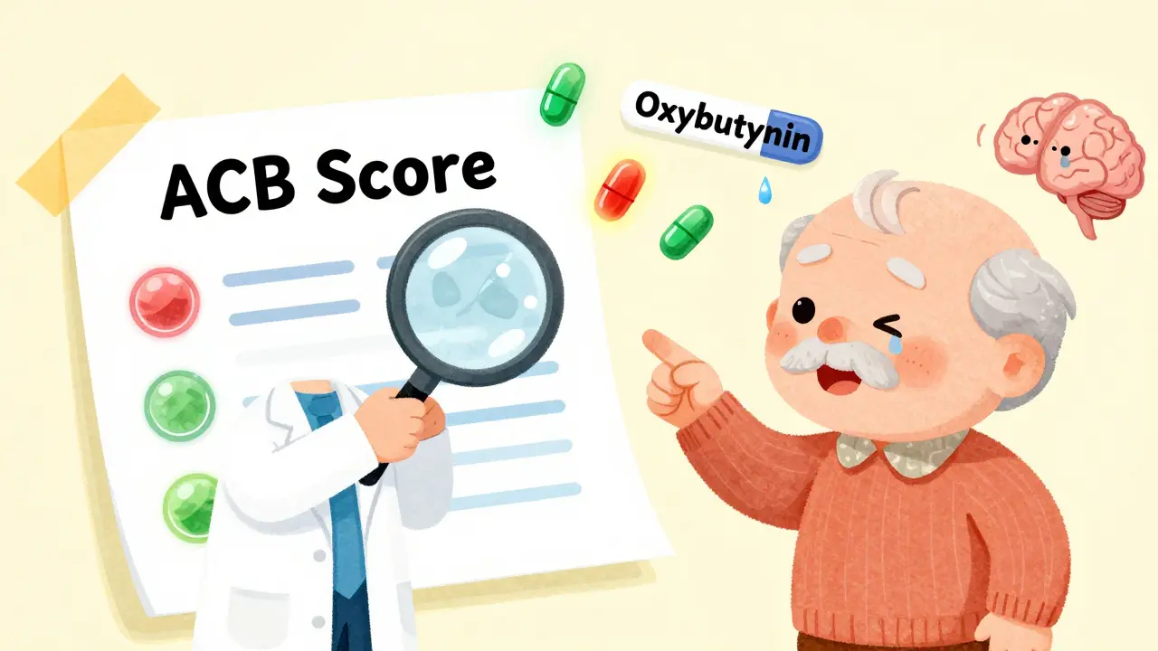 Doctor examining a chart of pills with glowing risk labels, senior pointing curiously.