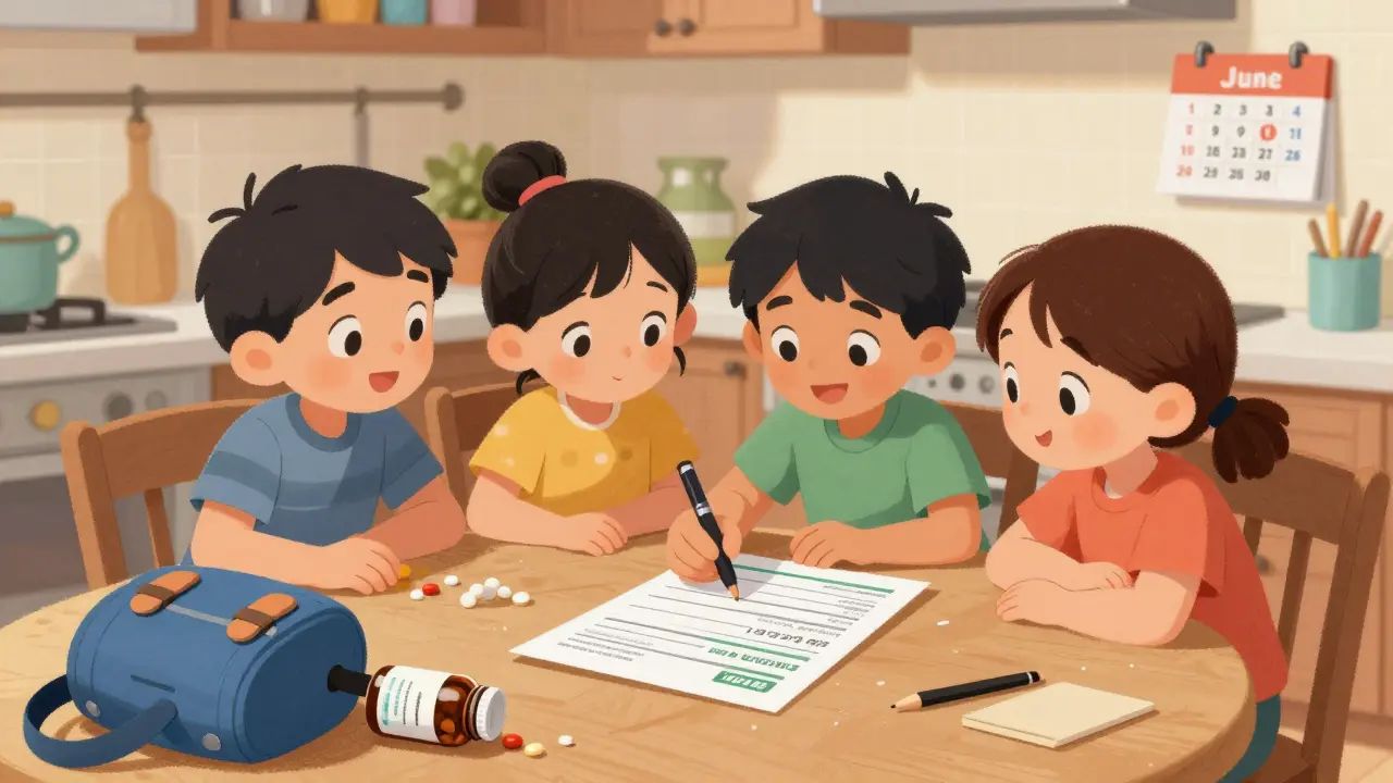 Family reviews medication form at kitchen table with calendar