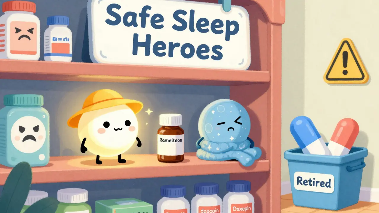 Friendly personified sleep aids like a sun-hatted ramelteon pill and moon-shaped melatonin stand proudly on a shelf, while risky pills are retired.
