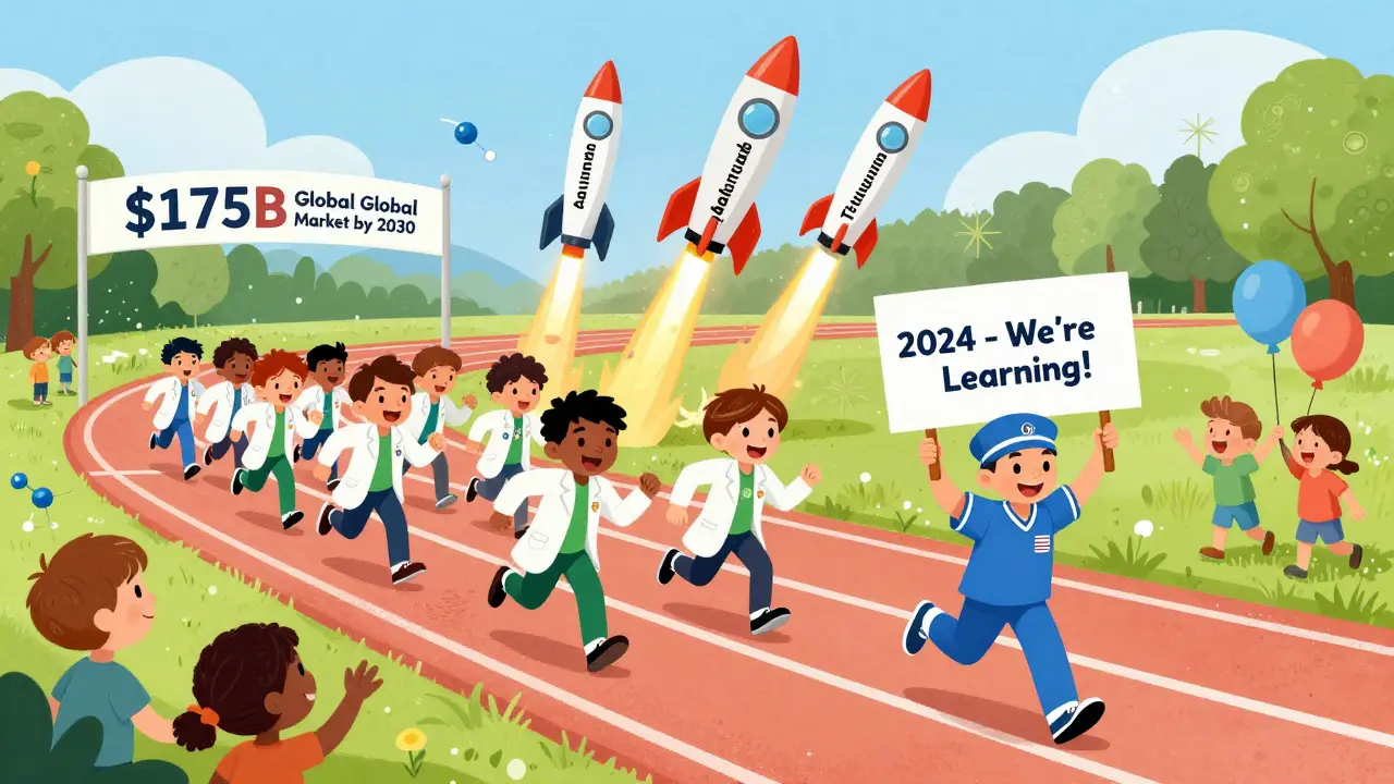 Global race between Europe and US teams reaching the biosimilar market finish line with cheering patients.