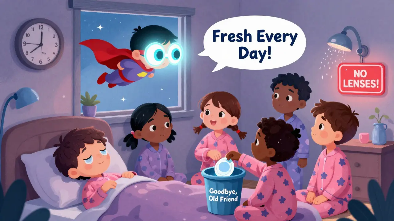 Kids in pajamas, one sleeping with lenses, another discarding old ones as a superhero lens flies in.