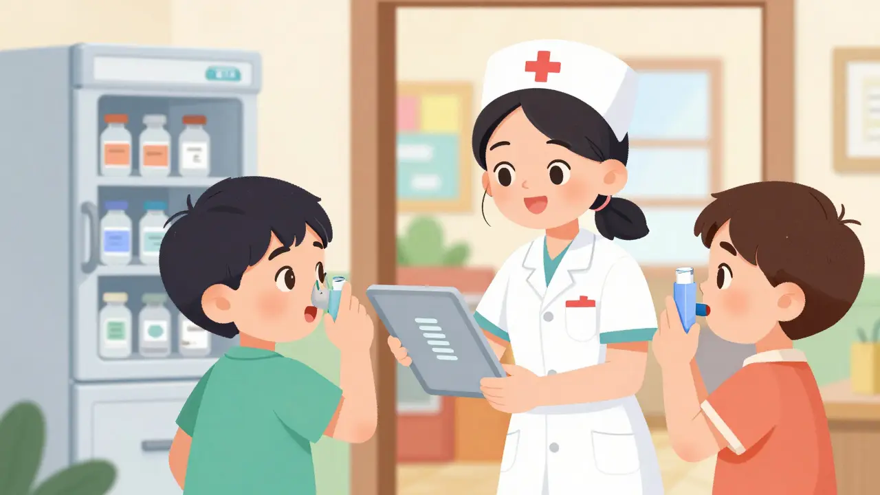 Nurse logs medication on tablet as student uses inhaler