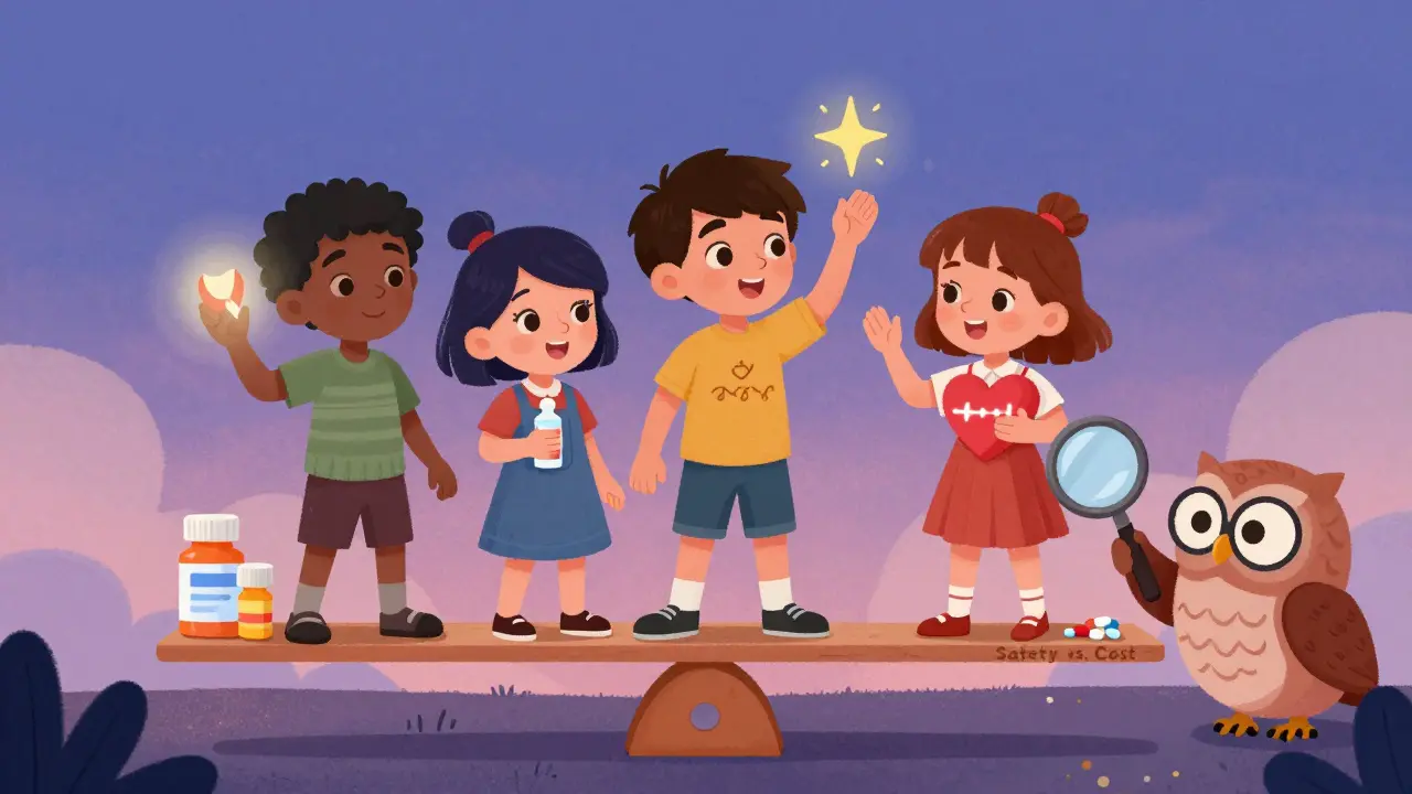 People with different medications on a seesaw, an owl pointing at a pill under a magnifying glass.