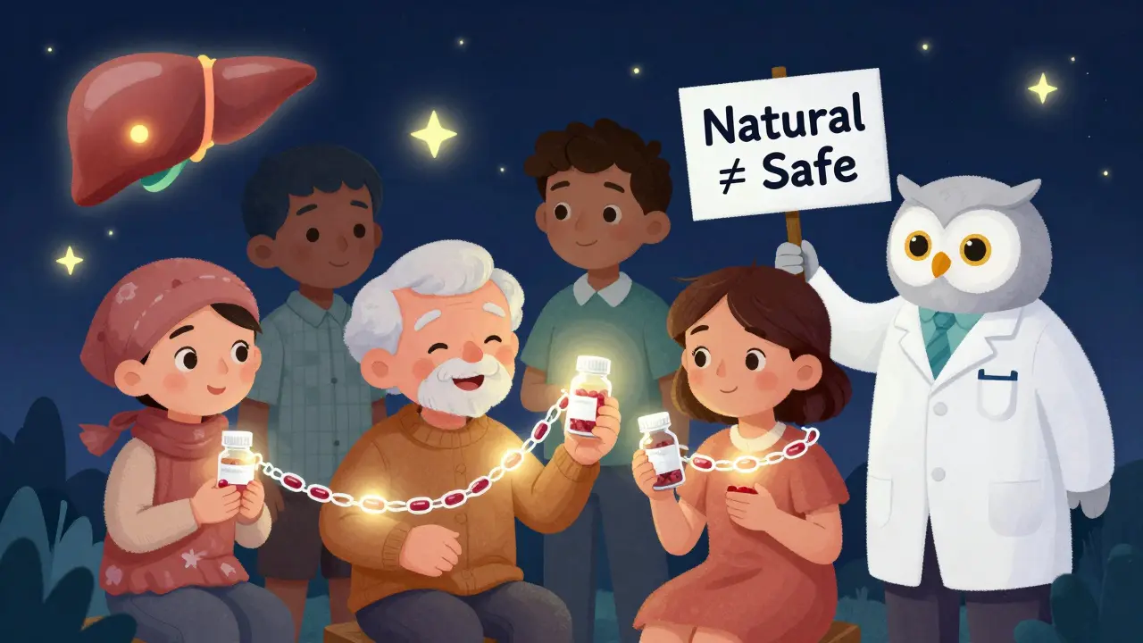 People with glowing meds wrapped in quercetin chains, watched by a wise owl saying 'Natural ≠ Safe'.