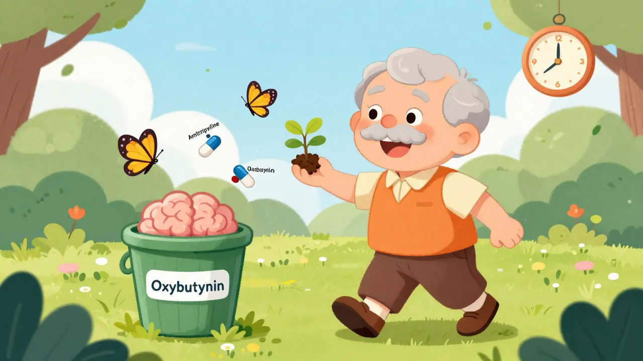 Senior walking in garden, tossing harmful pills into brain-shaped bin, butterflies flying.