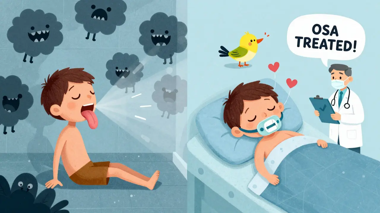 Split scene: left shows apnea monsters choking oxygen away; right shows peaceful sleep with a treated heart and happy bird.