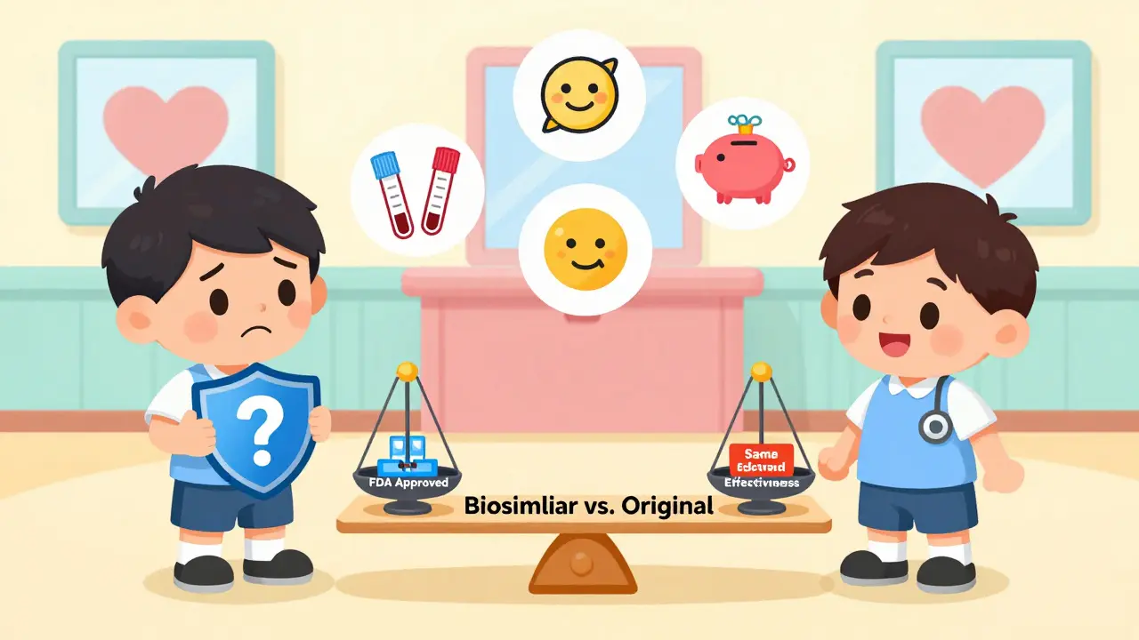 Two patients on a seesaw compare biosimilar and original drug benefits with science icons and a happy scale.