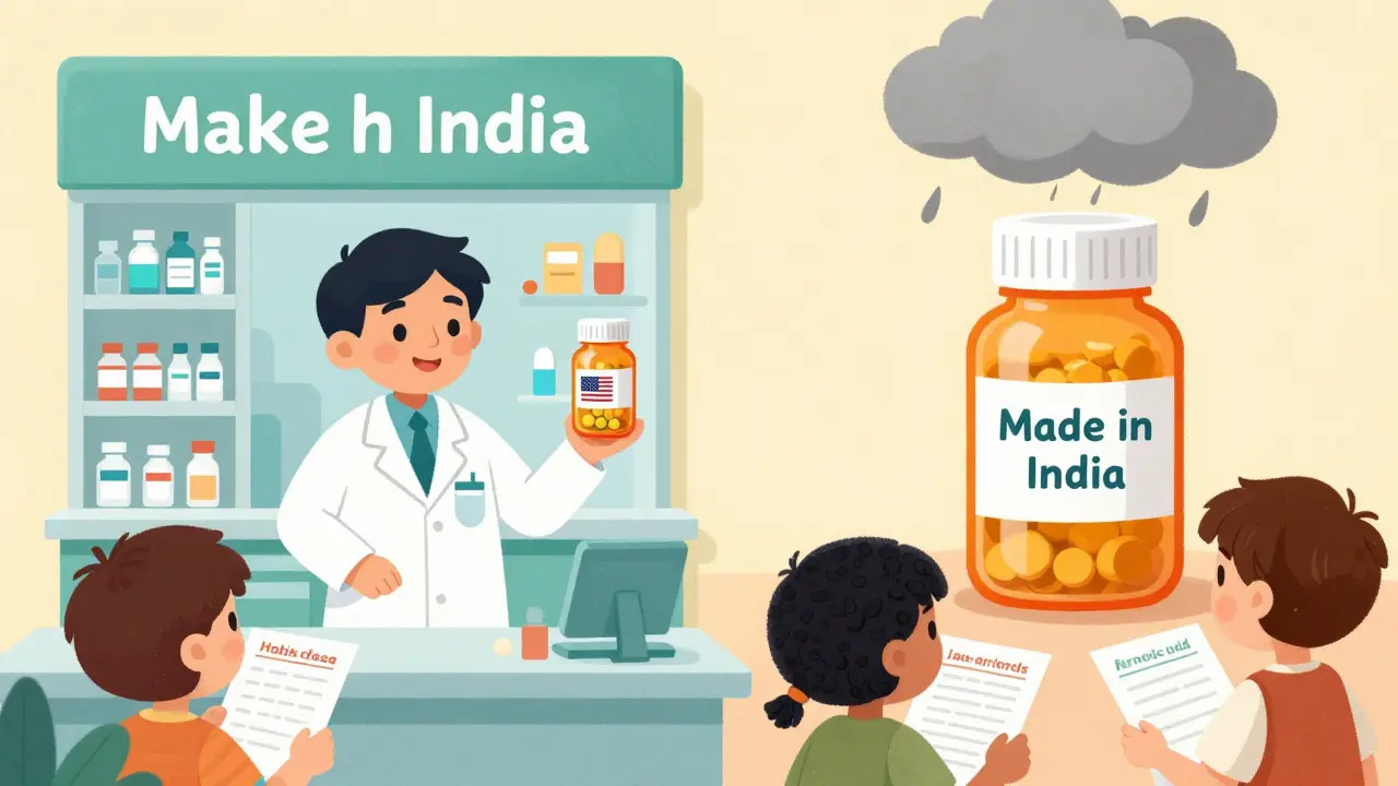 Two pharmacies, one with pills made in the USA, another with pills from India, children holding prescriptions.