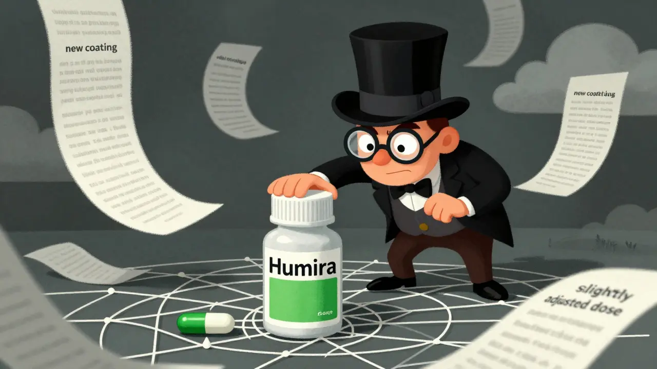 A cartoon villain weaves a web of patents around a pill bottle, blocking a small biosimilar pill from entering the market.
