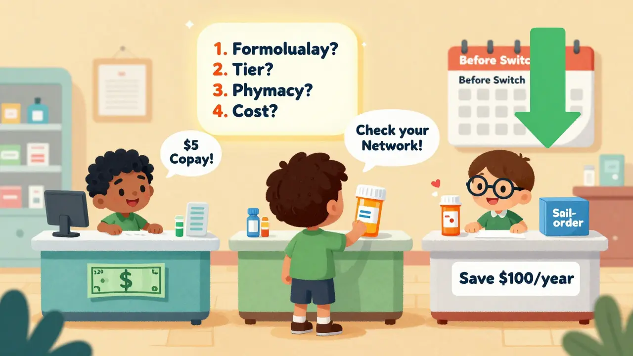 A child compares pharmacy costs—0, , and mail-order—while a talking pill reminds them to check formulary, tier, and network.