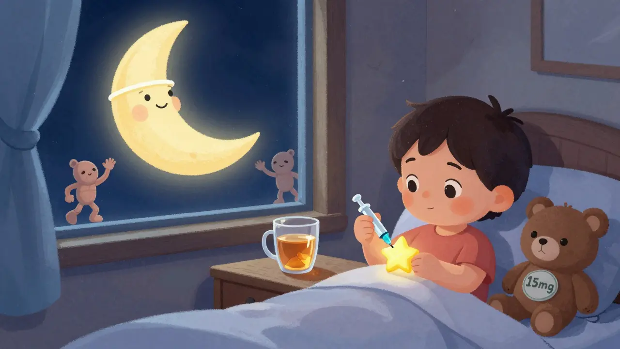 A child places a star-shaped injection pen on a nightstand with ginger tea, as friendly fat cells wave goodbye under a moon-shaped pill bottle.