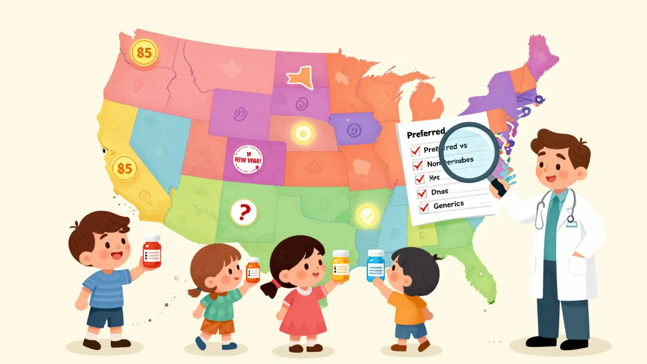 A colorful U.S. map shows different states' generic drug costs, with a family comparing pill prices and a pharmacist guiding them.