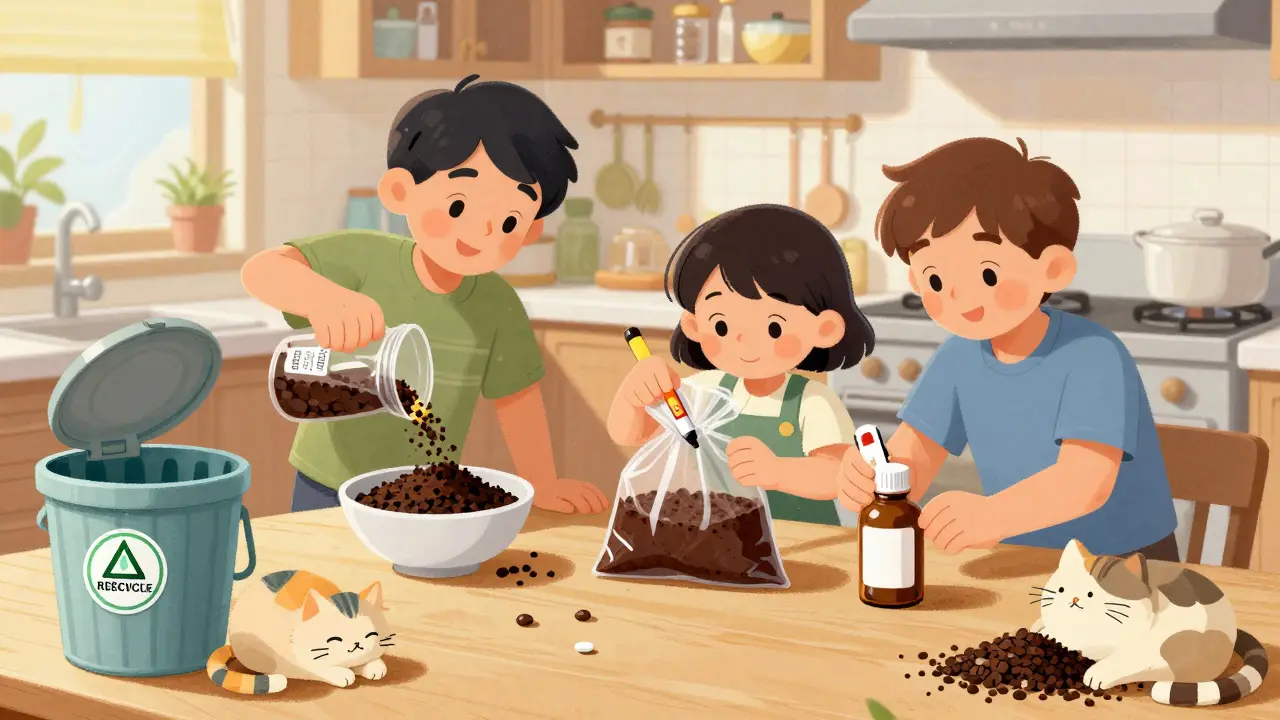 A family mixes expired pills with coffee grounds and seals them in a plastic bag.