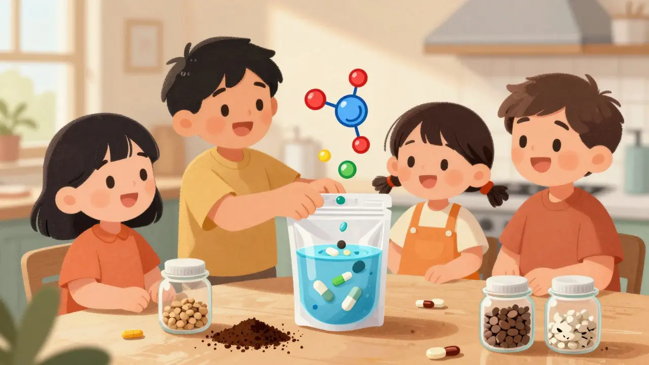 A family uses a deactivation pouch to neutralize opioid pills in the kitchen.