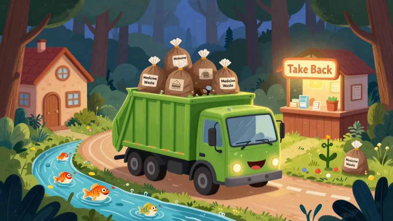 A friendly disposal truck collects medicine waste as fish swim happily in a clean river.