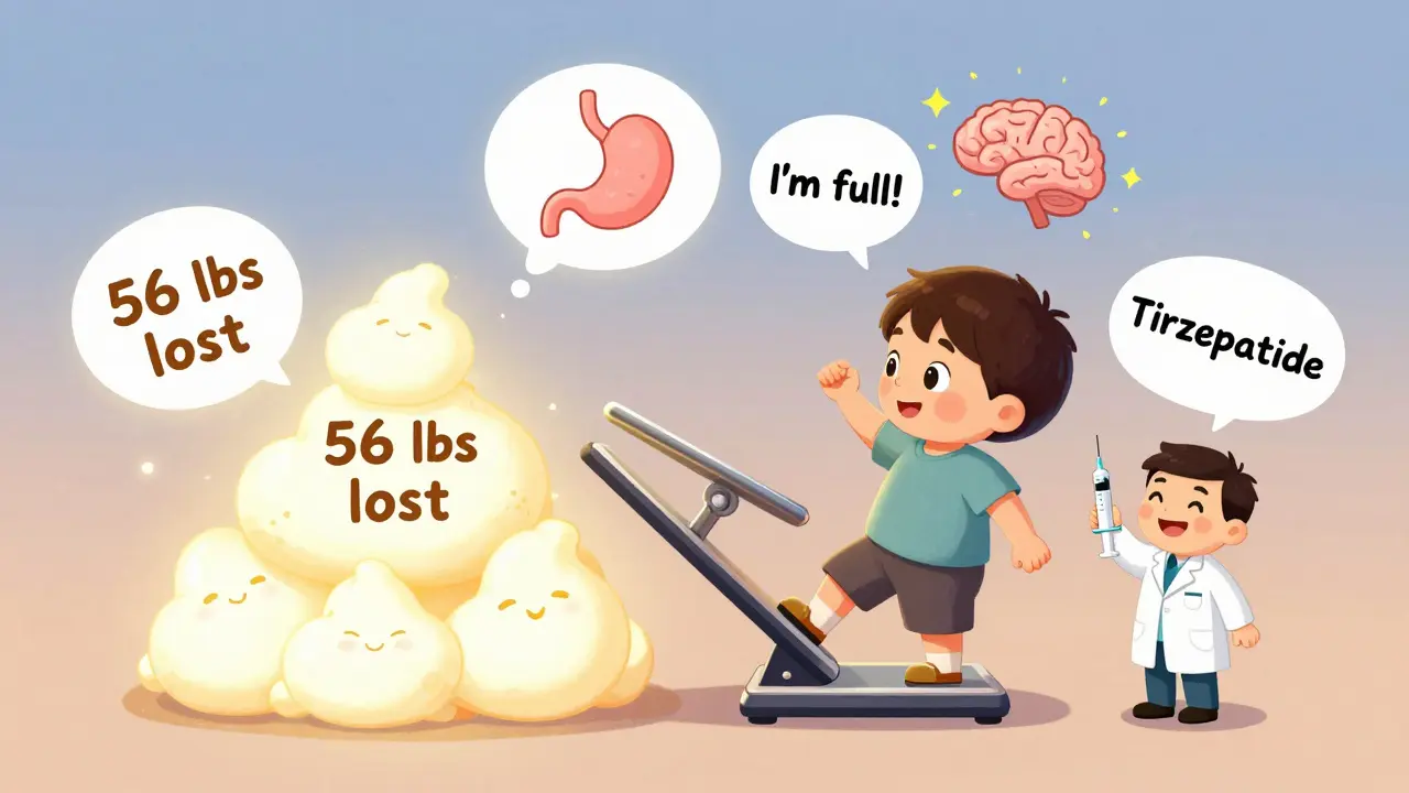 A scale shows massive weight loss as a tiny scientist holds a tirzepatide syringe beside floating images of fullness and fat burning.