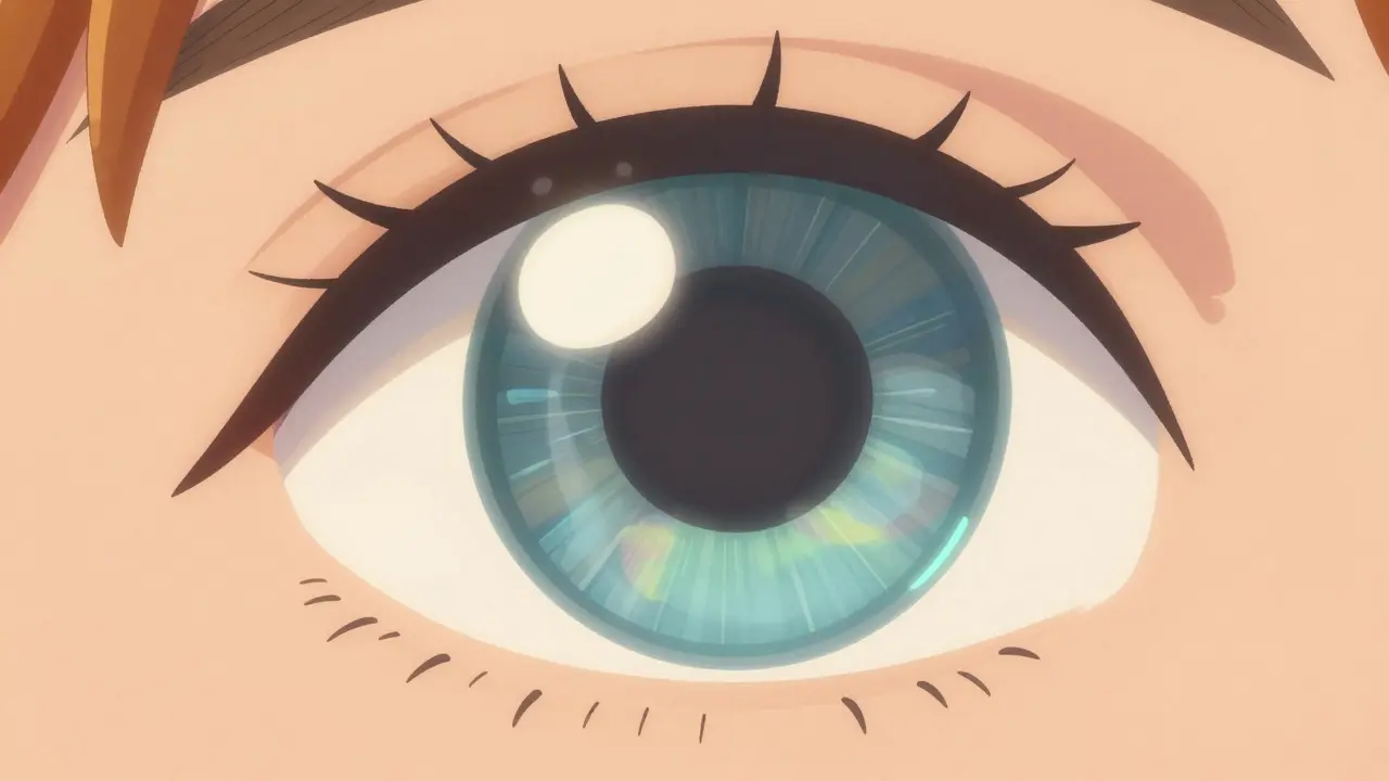 A smiling scleral lens with fluid layer correcting an eye's cornea.