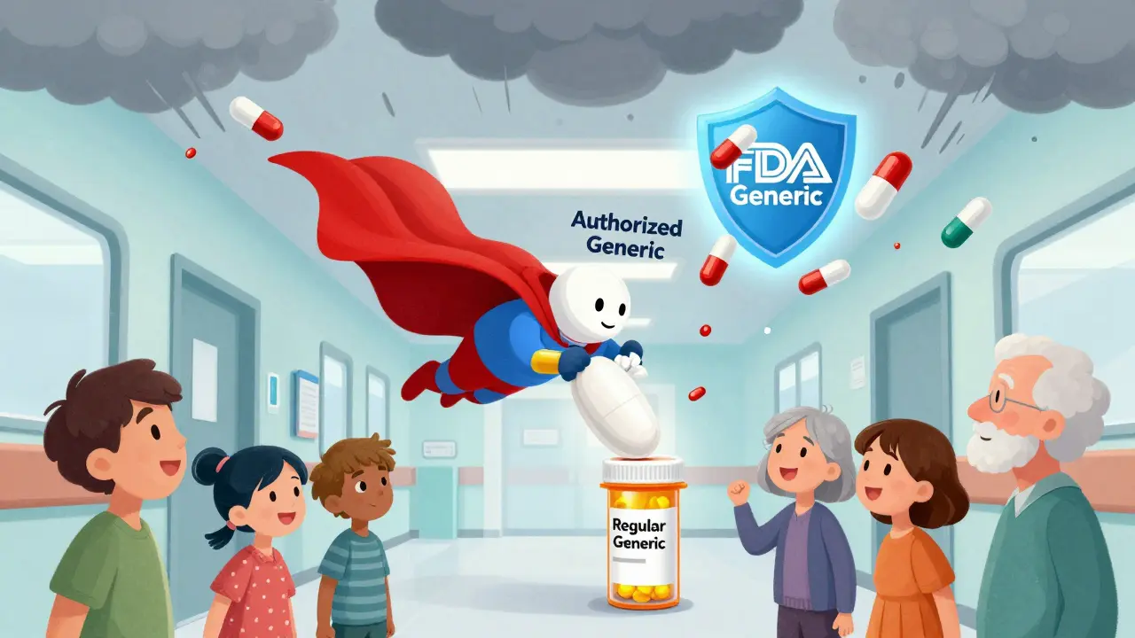 A superhero pill with a cape lands in a prescription bottle as happy patients cheer, while chaotic generic pills cause storms above.
