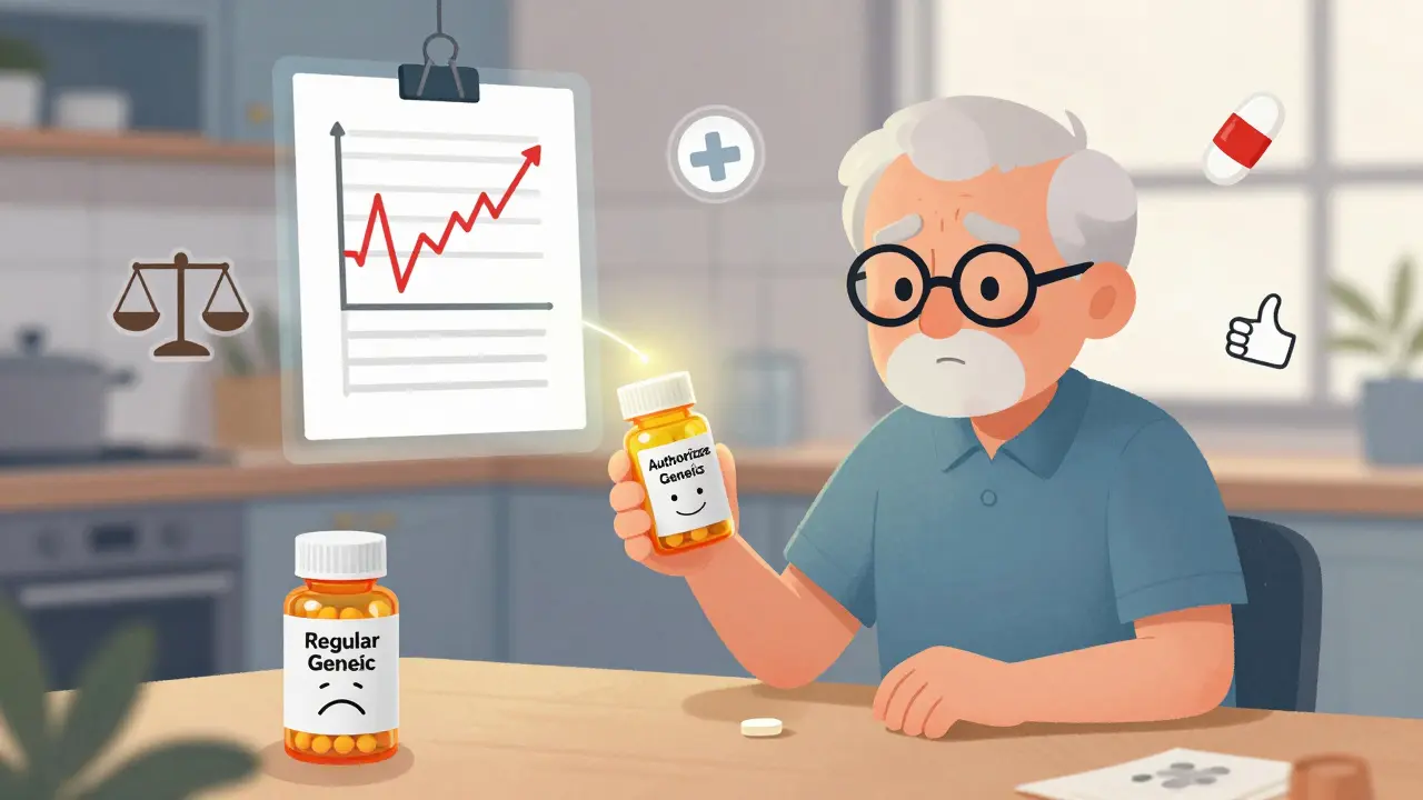 An elderly man compares two pill bottles — one frowning, one smiling — while steady health graphs glow beside him.