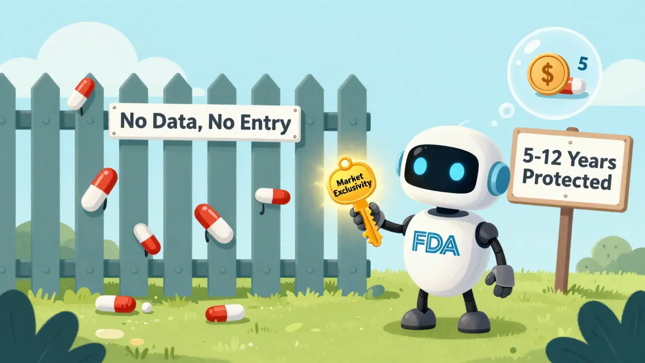 An FDA robot gives a golden key labeled 'Market Exclusivity' while generics try to climb a fence.