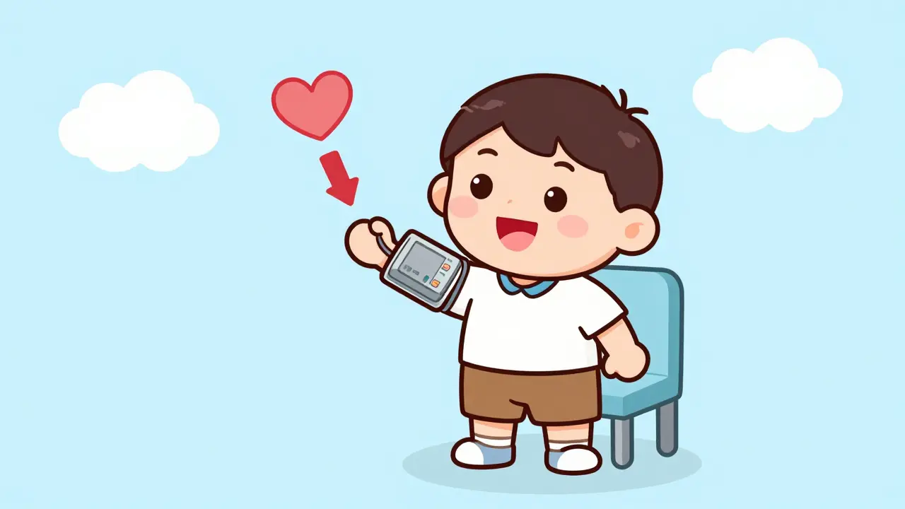 Cartoon character standing with blood pressure cuff showing a drop.