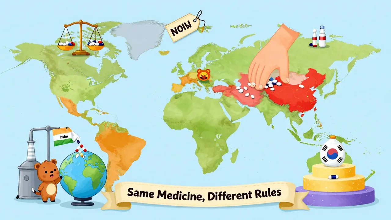 Global map showing five countries with unique generic drug policies, connected by a ribbon labeled 'Same Medicine, Different Rules'.