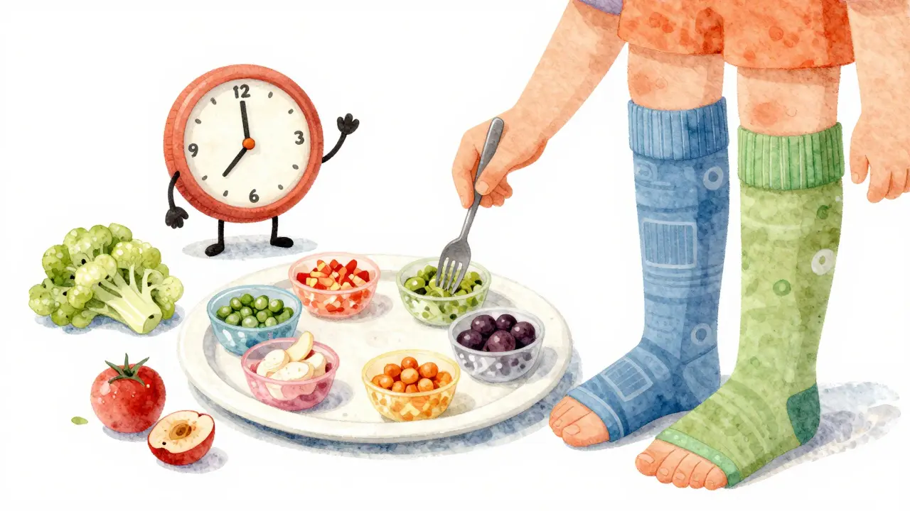 Person in compression stockings eating six small meals with clock-faced stomach.