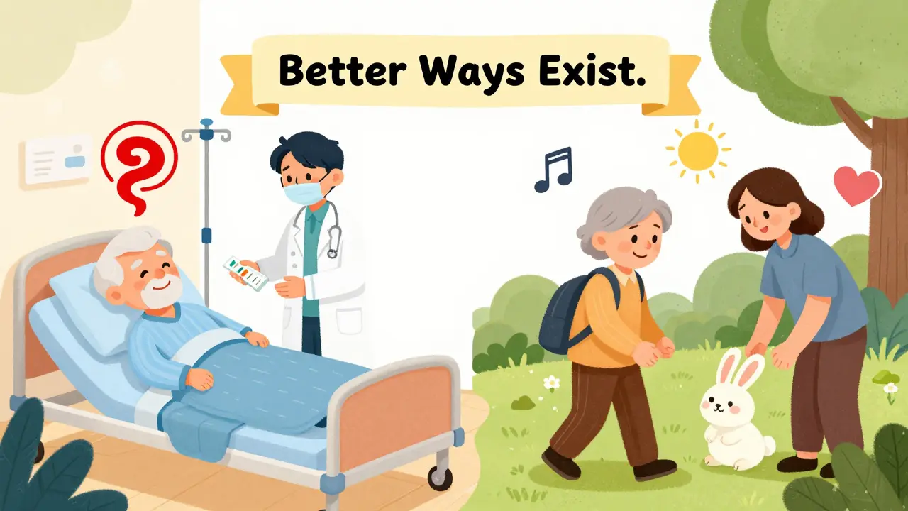 Split image: one side shows a hospital scene with stroke risk, the other shows a senior enjoying nature with therapy and pets.