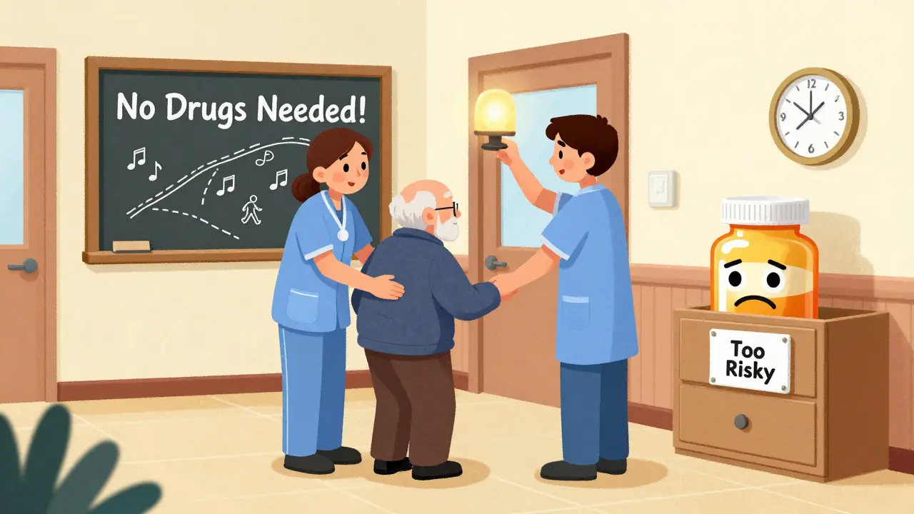 Two caregivers guide an elderly man through a peaceful routine in a nursing home, with a locked pill bottle in the background.