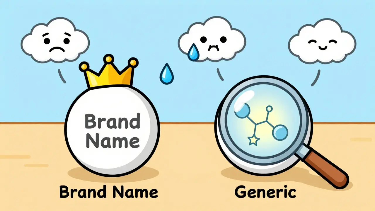 Two identical pills side by side — one with a crown, one with a star — symptoms vanish from the generic one.