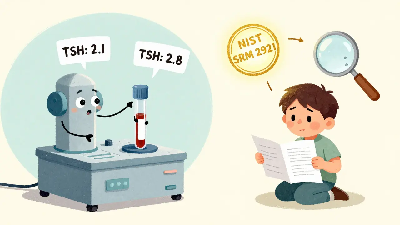 Two lab machines show different TSH numbers while a patient holds conflicting results, with a glowing standard stamp.