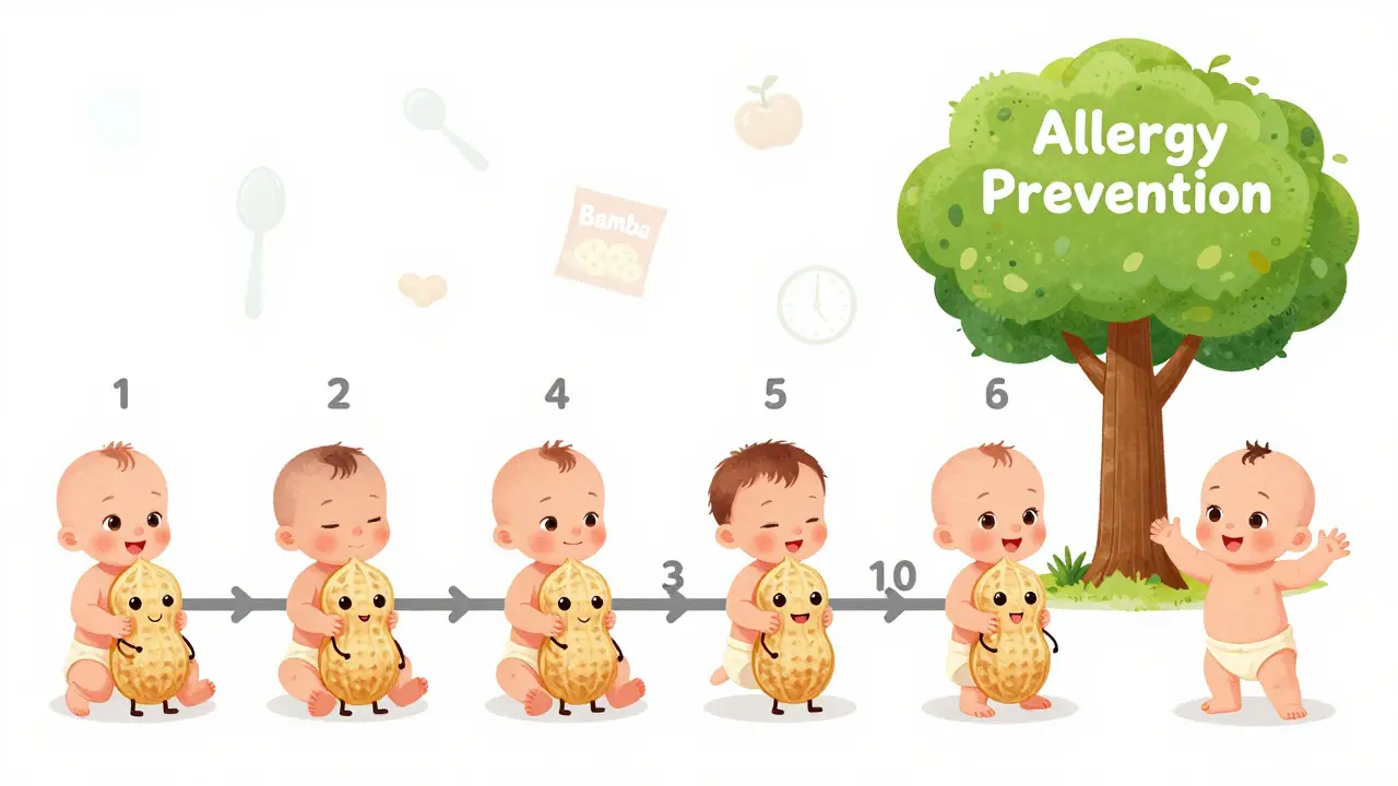 A baby growing up with a peanut-shaped character, symbolizing early allergy prevention.