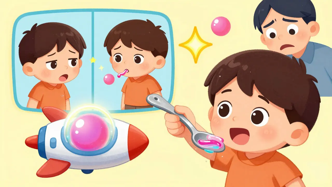 A child happily takes medicine from a rocket-shaped spoon, with a before-and-after scene showing improved compliance.