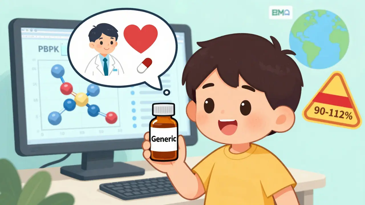 A child holds a generic medicine bottle while a narrow therapeutic band and computer modeling appear in thought bubbles.