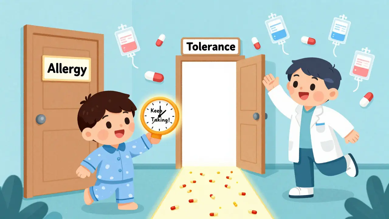 A child holds a pill bottle as a door labeled 'Allergy' slams shut, while a glowing path leads to 'Tolerance'.