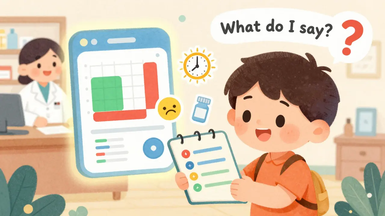 A child holds a symptom log with icons showing time, severity, and improvement, next to a helpful pharmacist.