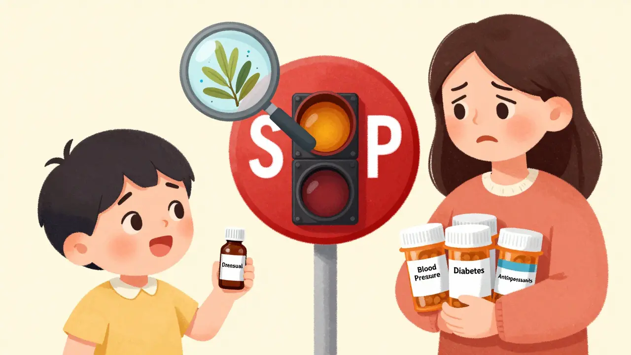 A child with goldenseal next to prescription bottles, blocked by a warning stoplight in cartoon style.