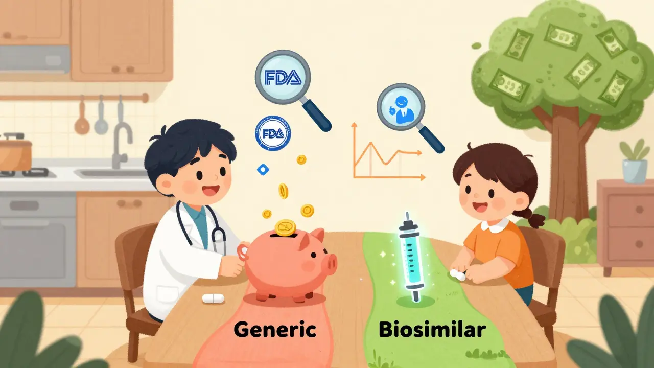 A doctor and patient at a kitchen table comparing paths to savings: one with a pill leading to a piggy bank, the other with an injection leading to a money tree.