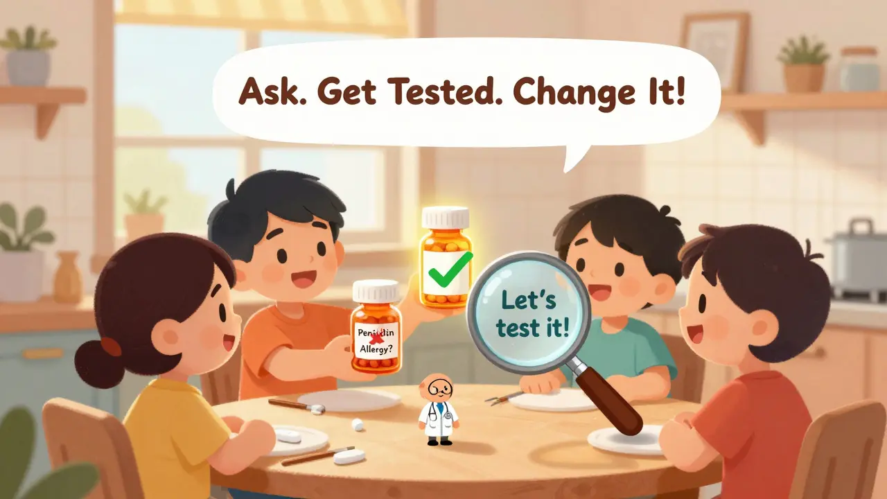 A family examines pill bottles with a magnifying glass, one marked 'Penicillin Allergy?' as a doctor suggests testing.