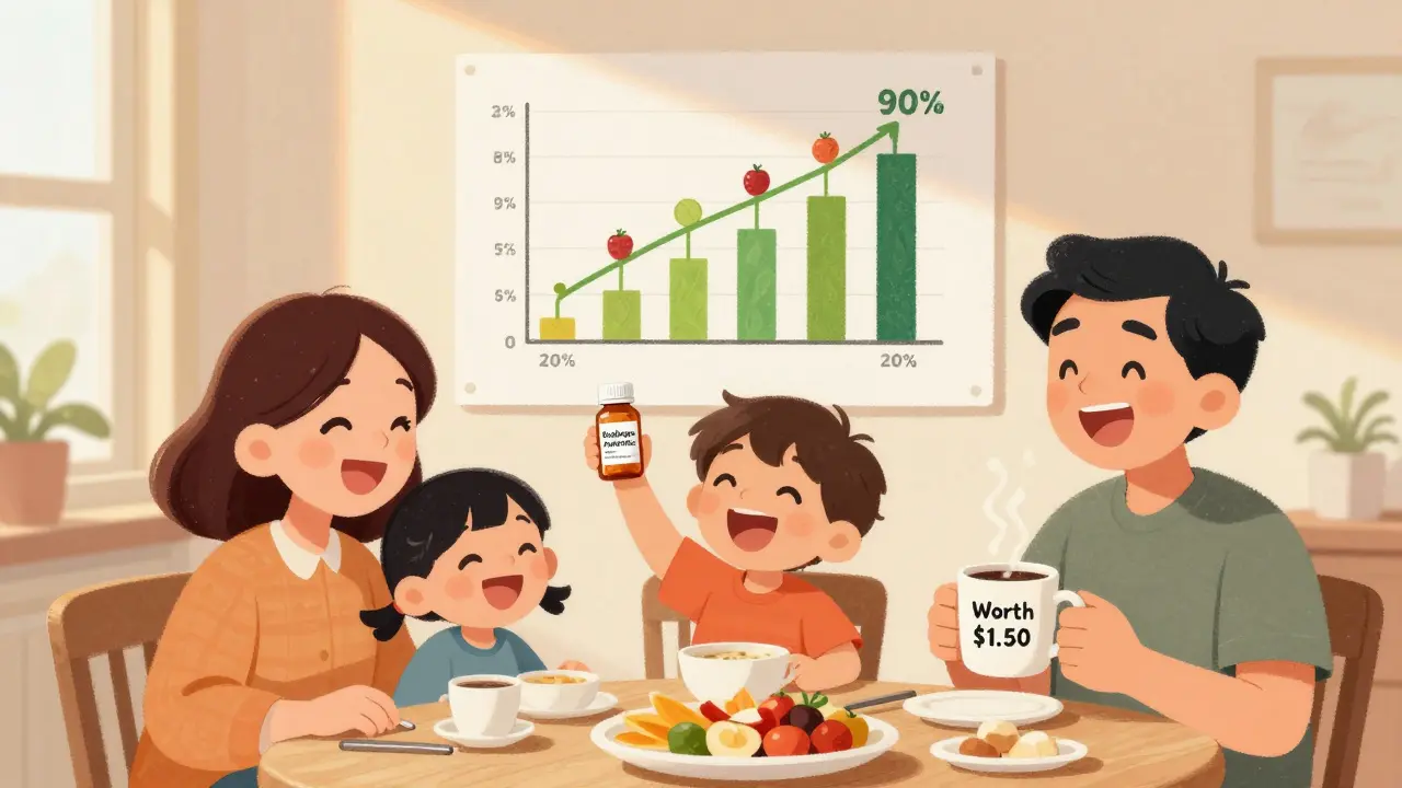 A family laughs at breakfast with an empty flavored medicine bottle, and a chart showing improved medication adherence.