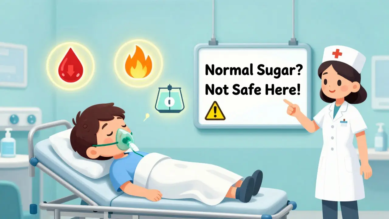 A patient in the ER lies on a gurney while medical icons debate normal sugar versus dangerous ketones.