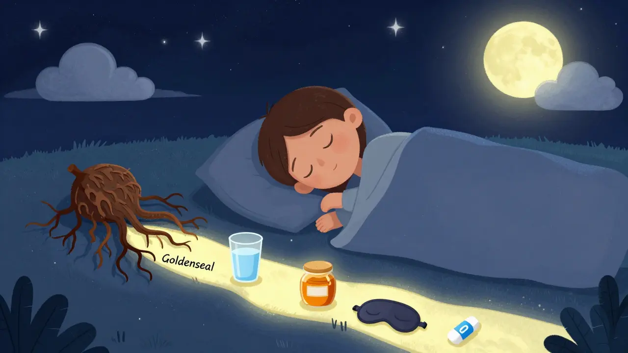 A peaceful person sleeping beside discarded goldenseal, with safe health alternatives glowing nearby.