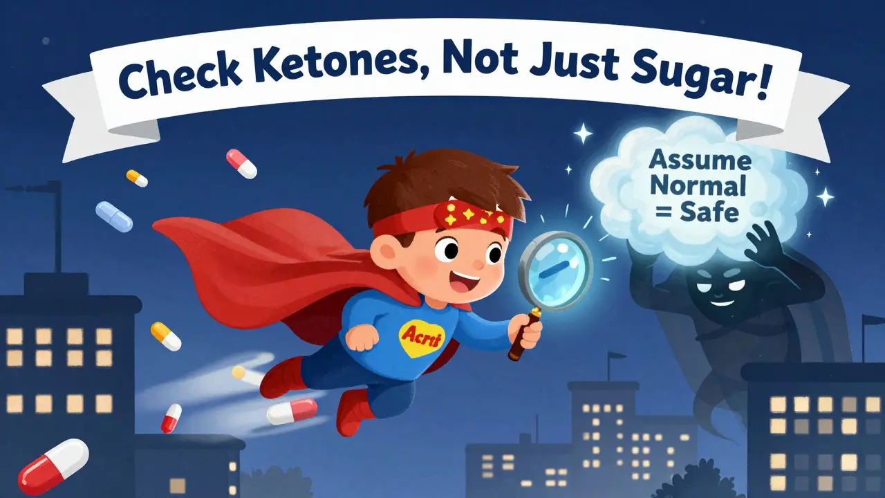 A superhero called 'Ketone Alert' helps a child while a villain tries to hide rising ketones under a false safety sign.