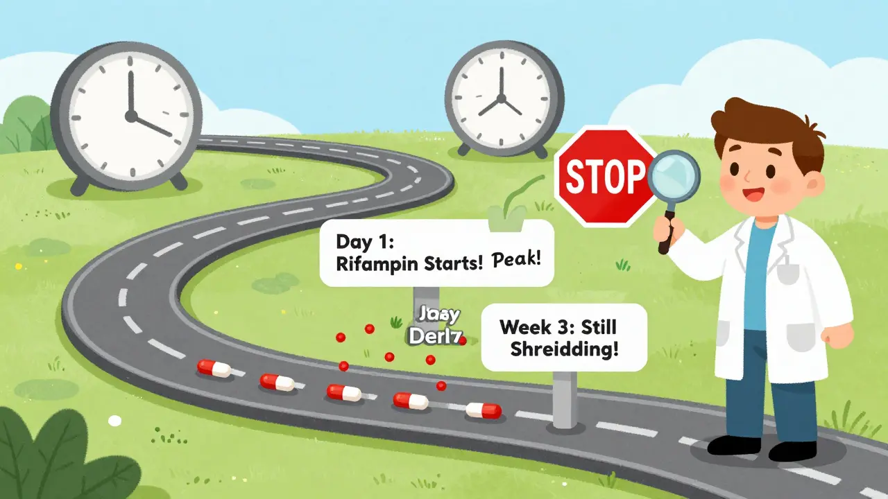 A timeline road shows pills shrinking over three weeks as enzymes continue breaking them down after rifampin stops.