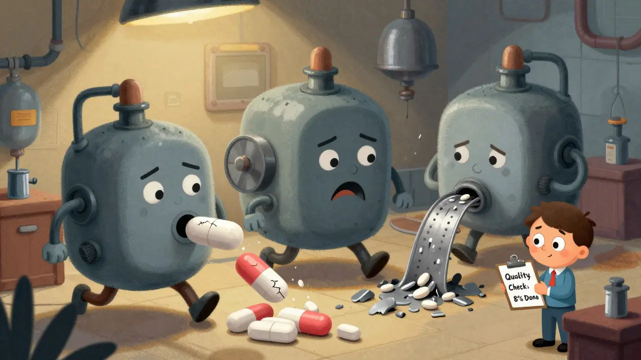 A tired factory machine rushes to make pills, leaking shavings and spitting out cracked tablets under pressure.